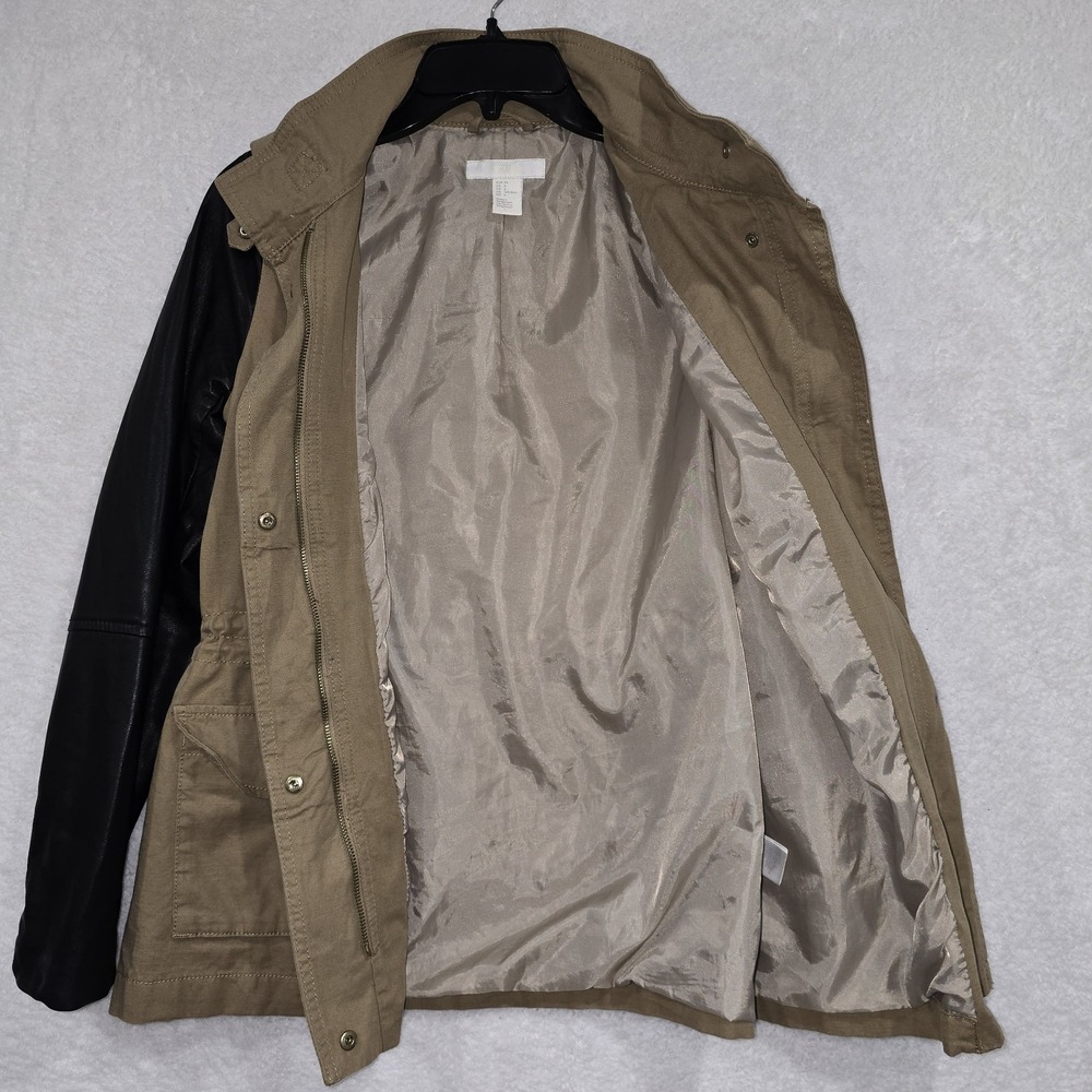 H&M Utility Jacket Faux Leather Sleeves Full Zip Workwear Pockets Polyester Sz 6 - Picture 4 of 14